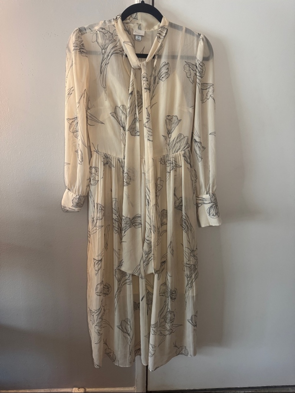 a new day Cream Sheer Floral Tie-Neck Midi Dress